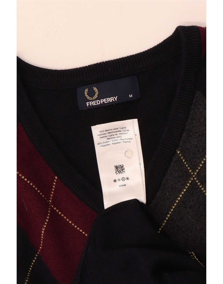 Fred Perry Mens V-Neck Jumper Sweater Medium Navy Blue Argyle/Diamond