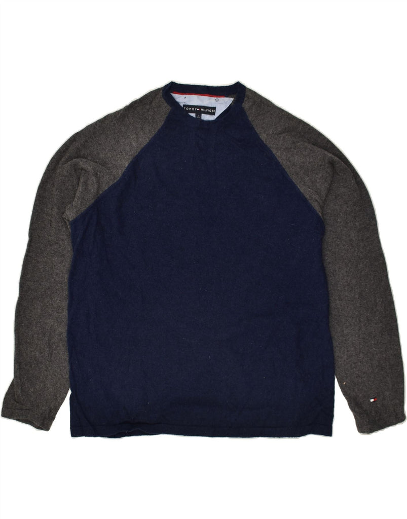 TOMMY HILFIGER Mens Crew Neck Jumper Sweater Large Navy Blue Colourblock Vintage Tommy Hilfiger and Second-Hand Tommy Hilfiger from Messina Hembry 