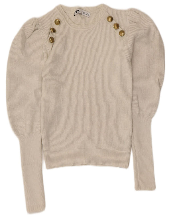 ZARA Womens Crop Crew Neck Jumper Sweater UK 12 Medium Off White Viscose