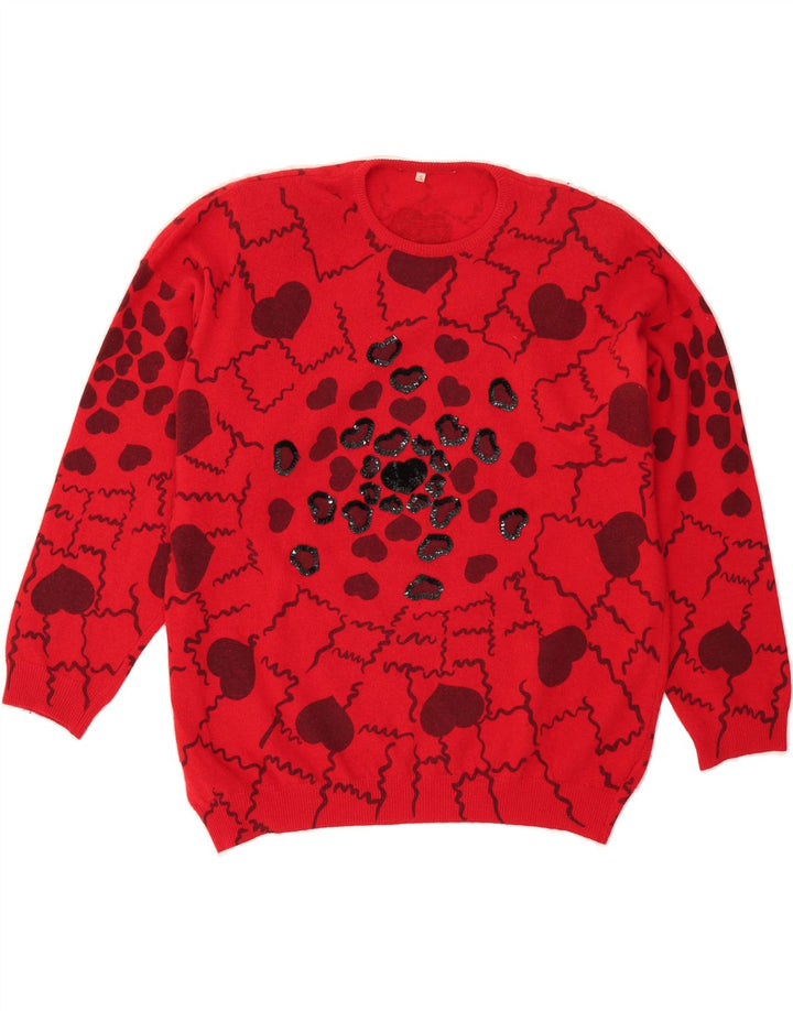 VINTAGE Womens Oversized Graphic Crew Neck Jumper Sweater UK 10 Small Red Vintage Vintage and Second-Hand Vintage from Messina Hembry 
