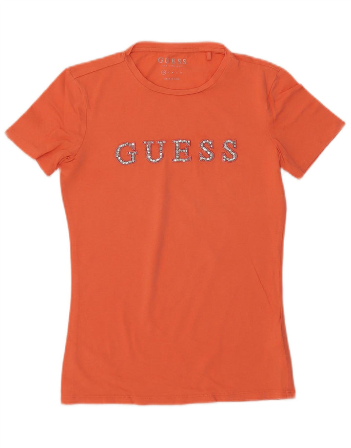 GUESS Womens Graphic T-Shirt Top UK 6 XS Orange Cotton