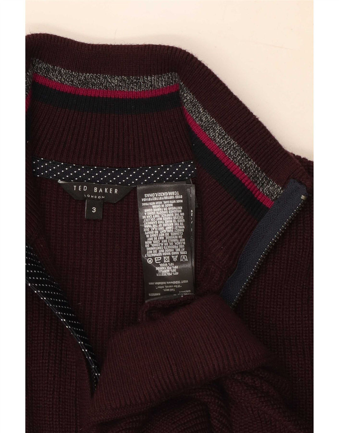 Ted Baker Mens Zip Neck Jumper Sweater Size 3 Medium Burgundy Polyester