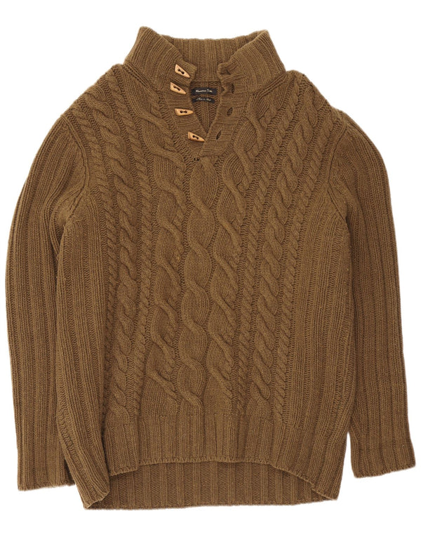 Massimo Dutti Mens Button Neck Jumper Sweater UK 44 2XL Brown Wool