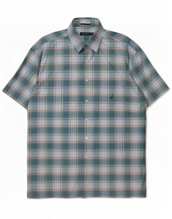 Nautica Mens Short Sleeve Shirt XL Blue Check Cotton