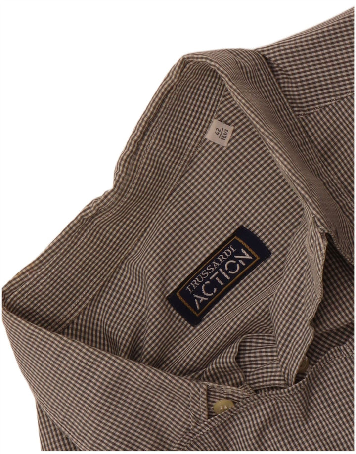 Trussardi Mens Short Sleeve Shirt Size 42 16 1/2 Large Grey Gingham