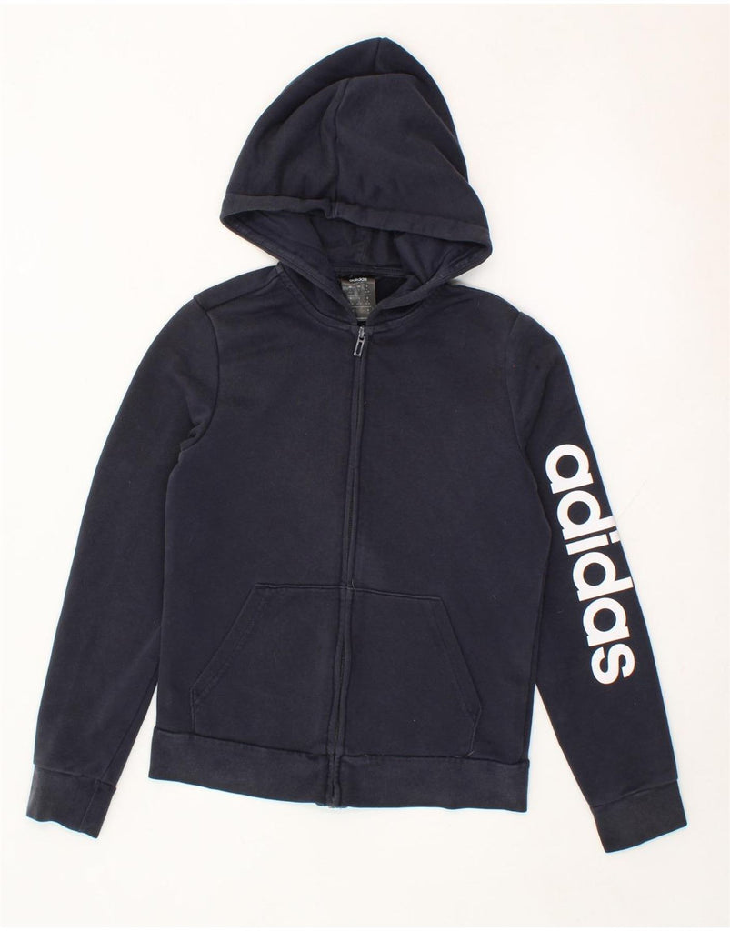 ADIDAS Womens Graphic Zip Hoodie Sweater UK 8/10 Small Navy Blue Cotton Vintage Adidas and Second-Hand Adidas from Messina Hembry 