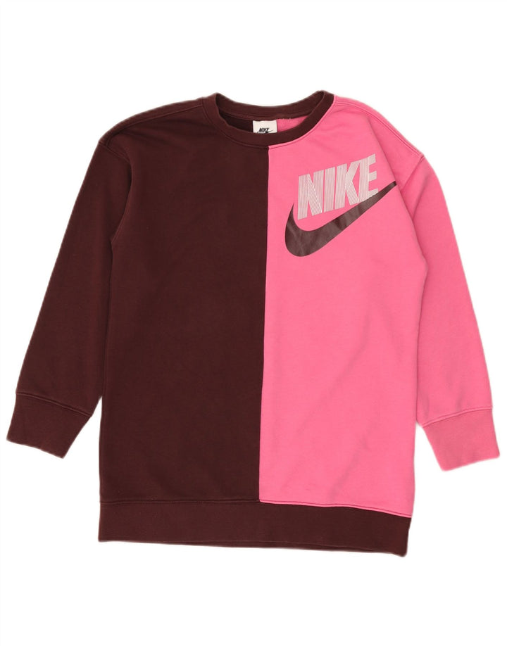 Nike Girls Graphic Sweatshirt Jumper 10-11 Years Medium Brown Colourblock