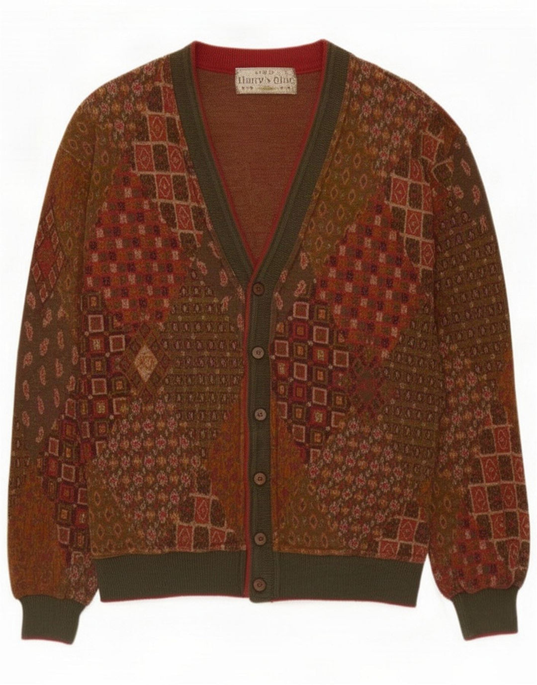 Vintage Mens Cardigan Sweater Medium Brown Patchwork Cotton
