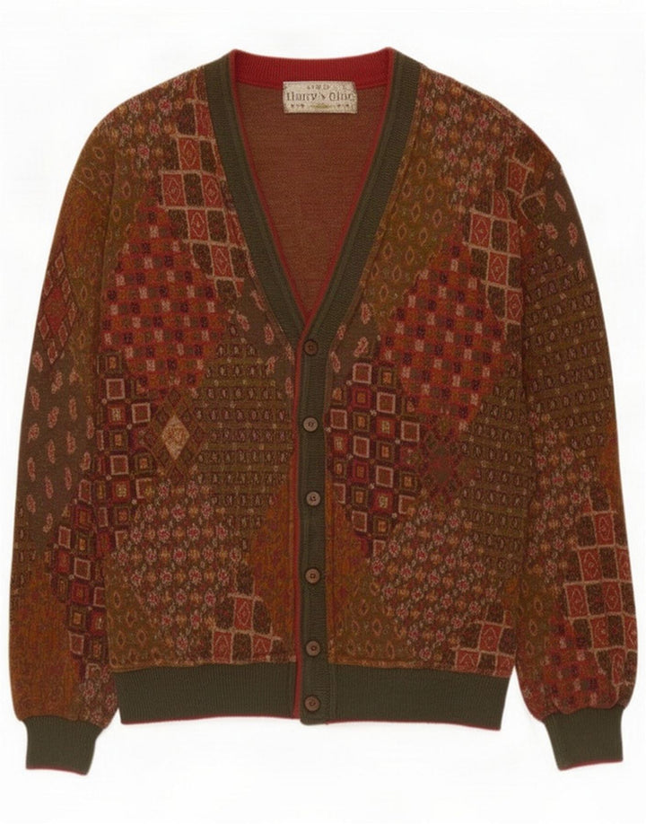 Vintage Mens Cardigan Sweater Medium Brown Patchwork Cotton