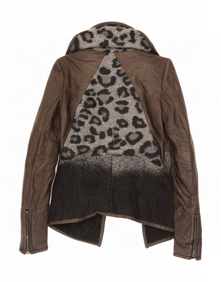 Vintage Womens Leather Jacket UK 10 Small Brown Animal Print