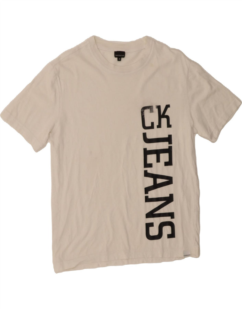 CALVIN KLEIN JEANS Mens Graphic T-Shirt Top Medium White Cotton Classic Vintage Calvin Klein Jeans and Second-Hand Calvin Klein Jeans from Messina Hembry 
