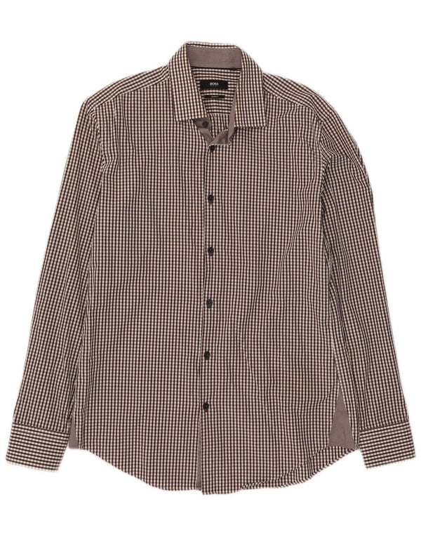 Hugo Boss Mens Slim Fit Shirt Size 40 15 1/2 Medium Brown Gingham Cotton