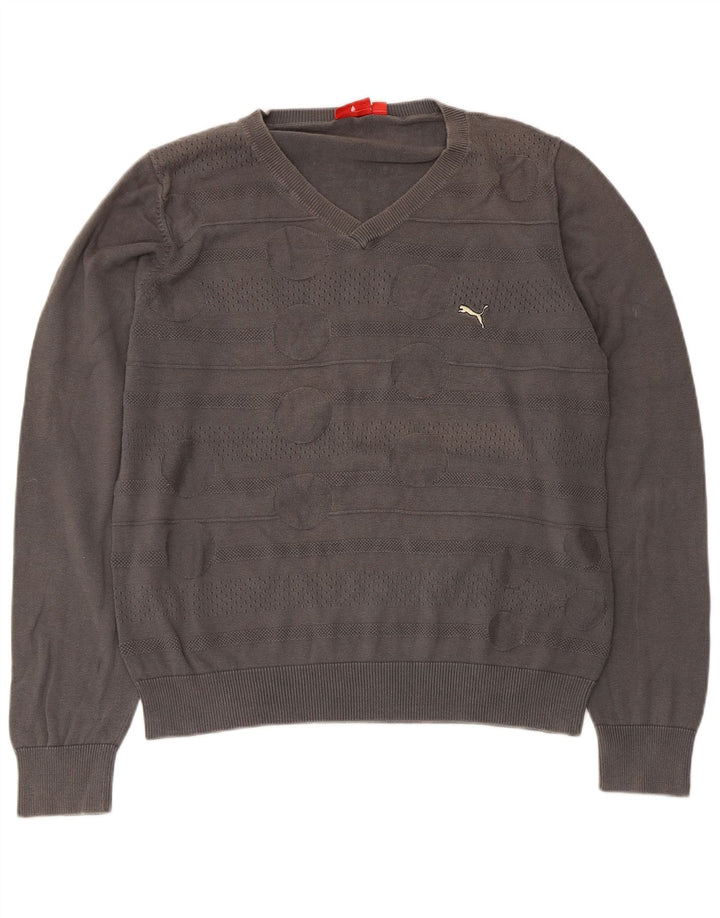 Puma Mens V-Neck Jumper Sweater Large Grey Geometric Cotton