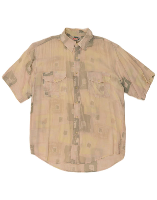 Vintage Mens Short Sleeve Shirt XL Beige Geometric Cotton