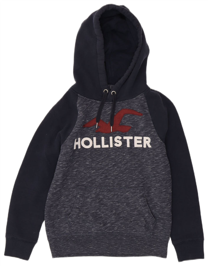 HOLLISTER Mens Graphic Hoodie Jumper XS Navy Blue Colourblock Cotton