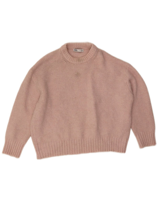 Zara Womens Crop Oversized Crew Neck Jumper Sweater UK 16 Large Pink