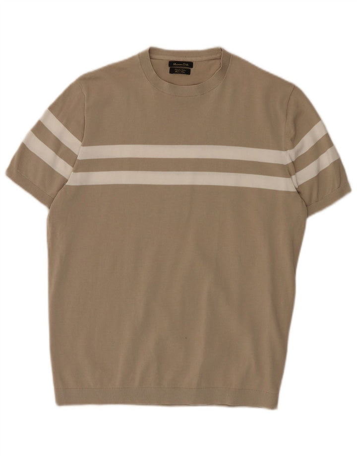 Massimo Dutti Mens Crew Neck Jumper Sweater Medium Beige Colourblock