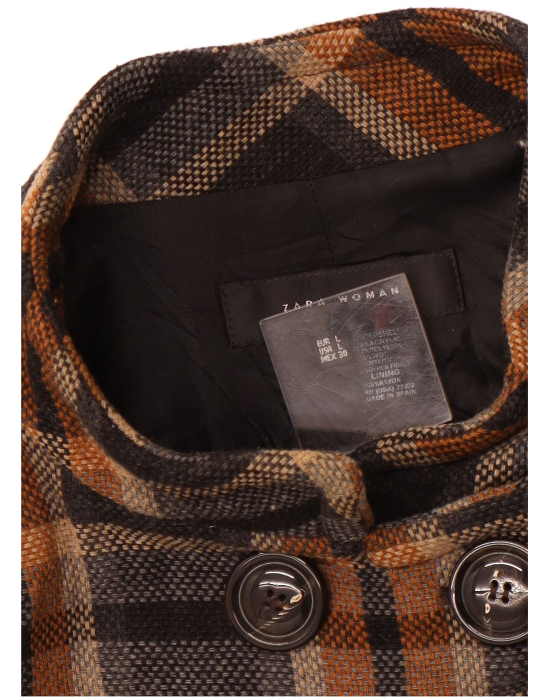 ZARA Womens Double Breasted Coat UK 14 Large Black Check Acrylic