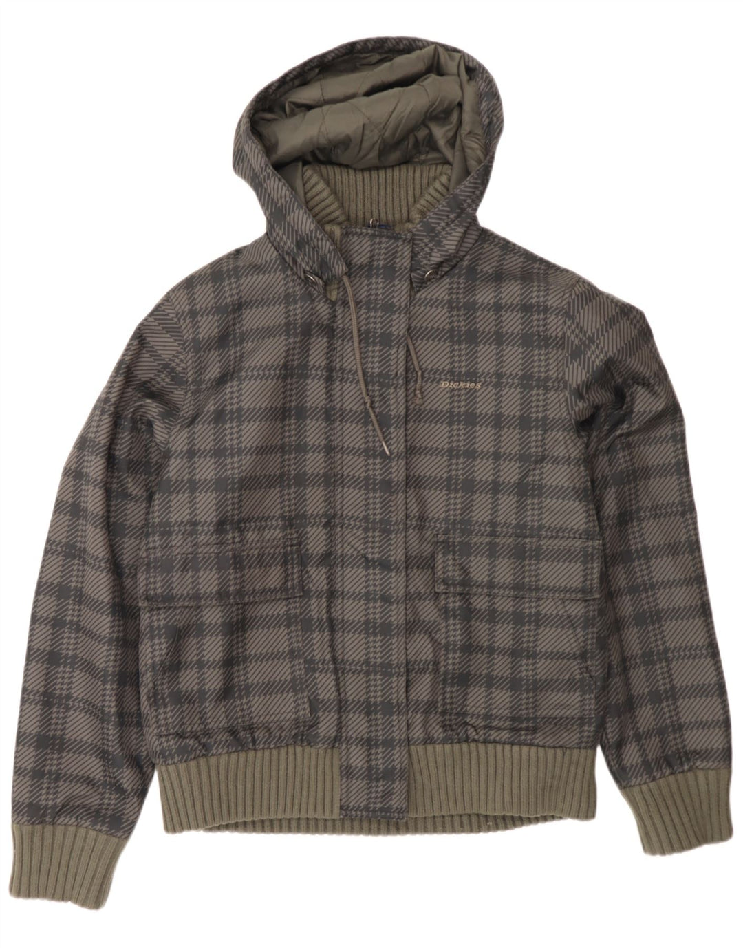 Dickies Womens Hooded Bomber Padded Jacket UK 14 Large Grey Houndstooth