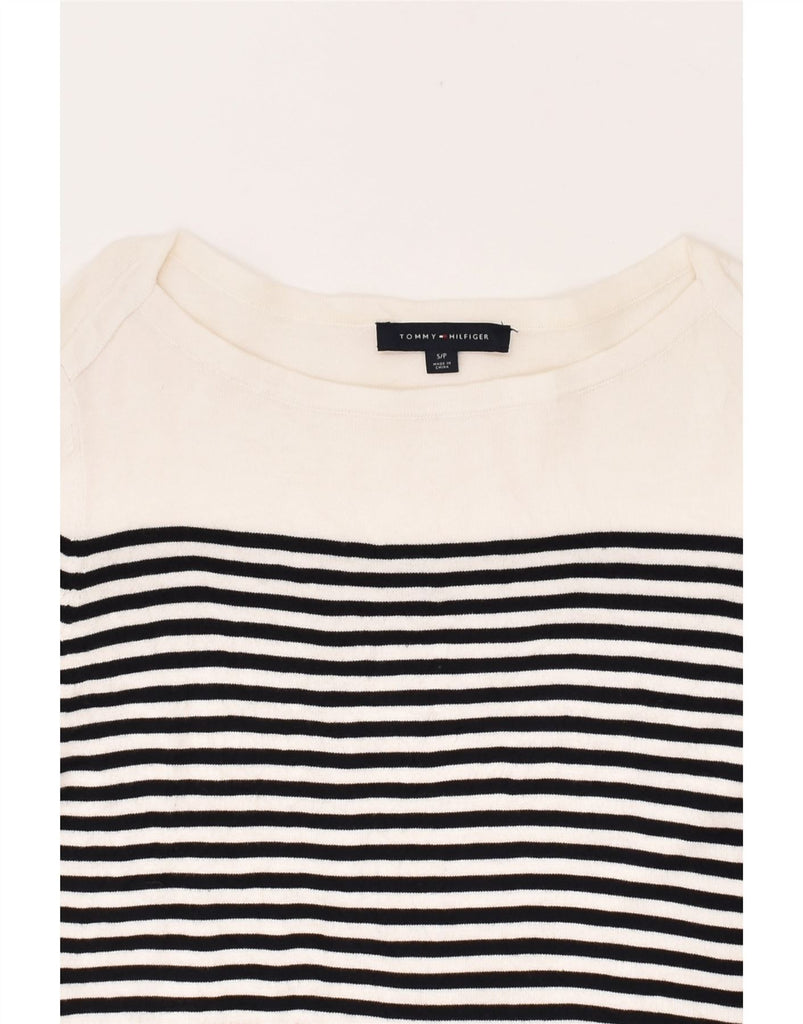 TOMMY HILFIGER Womens Boat Neck Jumper Sweater UK 10 Small White Striped | Vintage Tommy Hilfiger | Thrift | Second-Hand Tommy Hilfiger | Used Clothing | Messina Hembry 