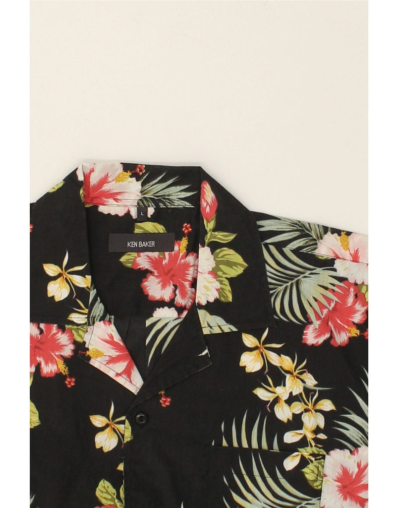 KEN BAKER Mens Short Sleeve Shirt Large Black Floral Polyester Vintage Ken Baker and Second-Hand Ken Baker from Messina Hembry 