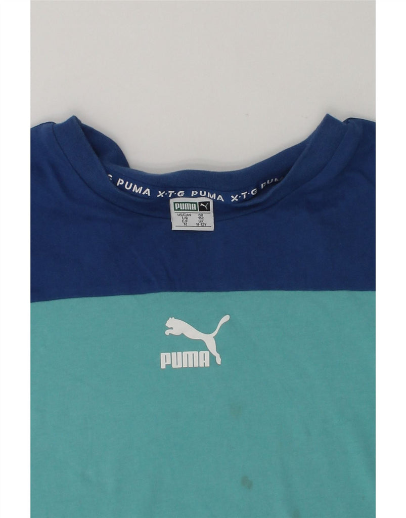 PUMA Boys T-Shirt Top 11-12 Years Blue Colourblock Cotton | Vintage Puma | Thrift | Second-Hand Puma | Used Clothing | Messina Hembry 