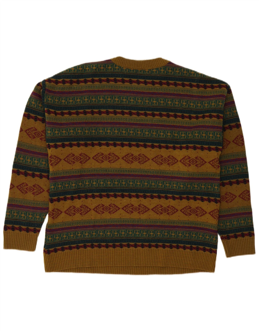 Vintage Mens Crew Neck Jumper Sweater Large Brown Fair Isle Polyacrylic