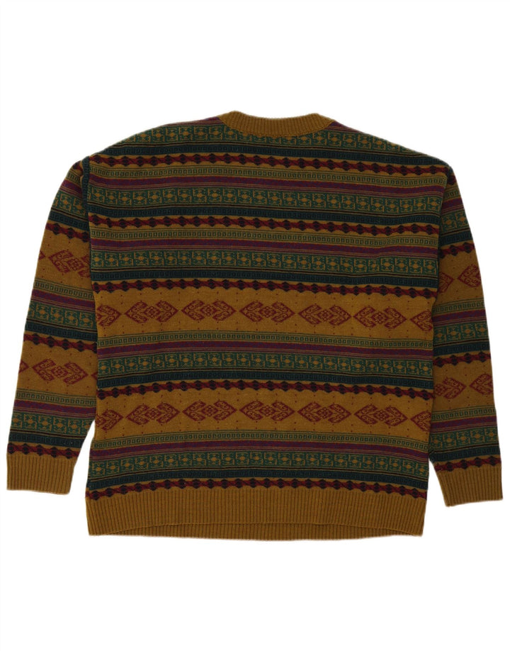 Vintage Mens Crew Neck Jumper Sweater Large Brown Fair Isle Polyacrylic