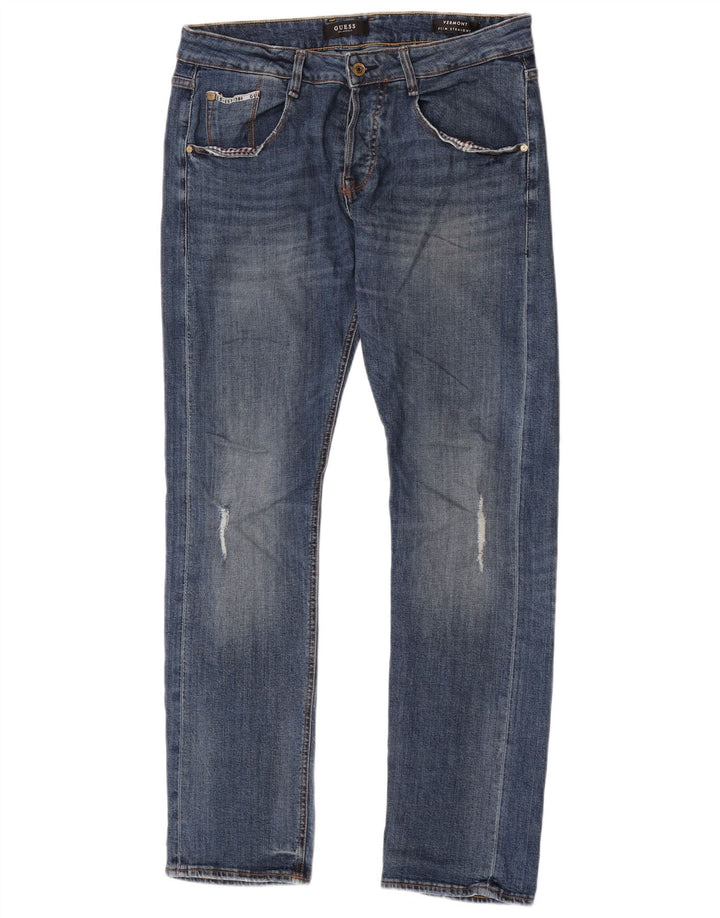 Guess Mens Straight Distressed Slim Jeans W30 L33 Blue Polyester