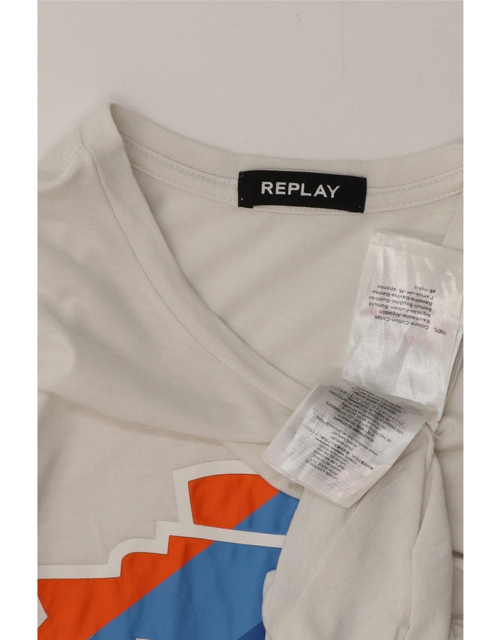 REPLAY Womens Graphic T-Shirt Top UK 12 Medium White Cotton