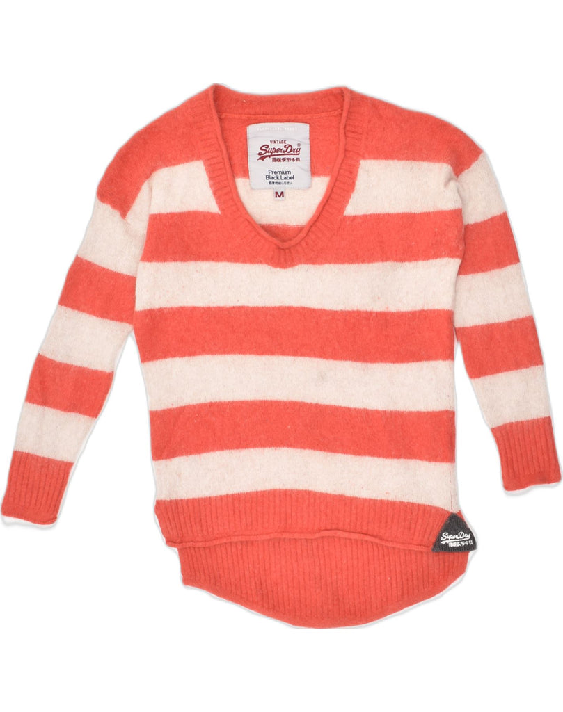 SUPERDRY Womens V-Neck Jumper Sweater UK 14 Medium Orange Striped Wool | Vintage Superdry | Thrift | Second-Hand Superdry | Used Clothing | Messina Hembry 