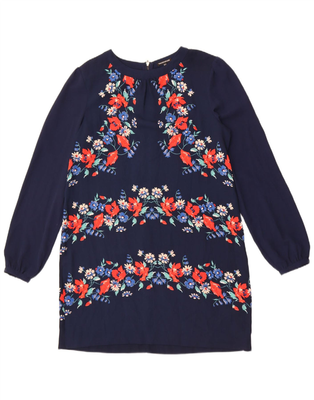 Warehouse Womens Long Sleeve Shift Dress UK 14 Medium Navy Blue Floral