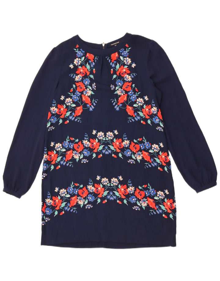 Warehouse Womens Long Sleeve Shift Dress UK 14 Medium Navy Blue Floral