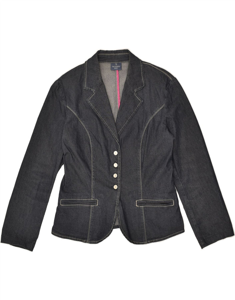 TRUSSARDI Womens 4 Button Denim Blazer Jacket IT 46 Large Navy Blue Cotton | Vintage Trussardi | Thrift | Second-Hand Trussardi | Used Clothing | Messina Hembry 