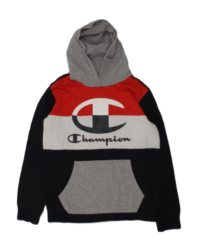 CHAMPION Boys Graphic Hoodie Jumper 13-14 Years XL Black Colourblock | Vintage Champion | Thrift | Second-Hand Champion | Used Clothing | Messina Hembry 