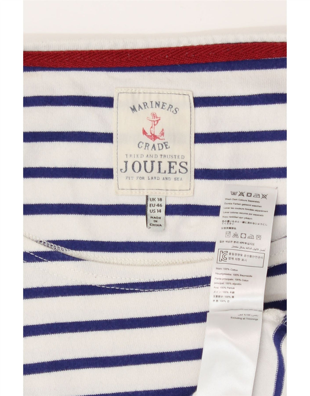 Joules Womens Top 3/4 Sleeve UK 18 XL  White Striped Cotton