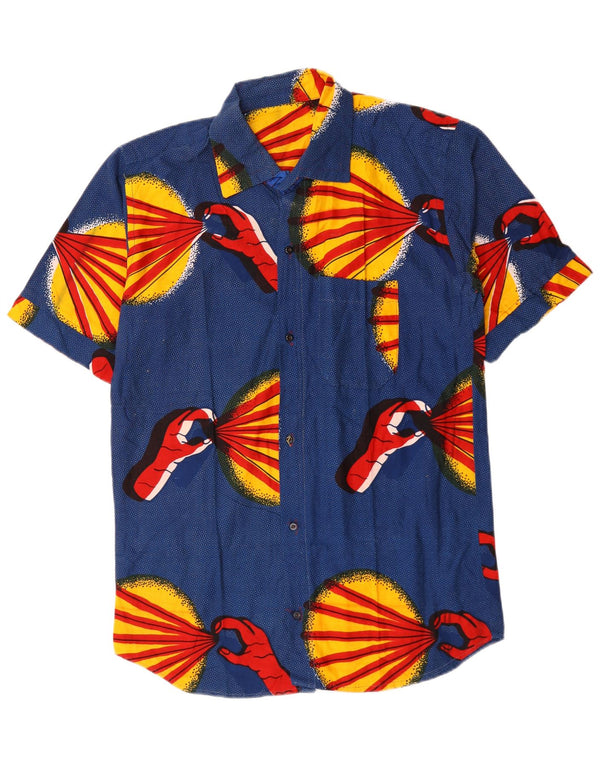 Vintage Mens Abstract Pattern Short Sleeve Shirt Medium Blue