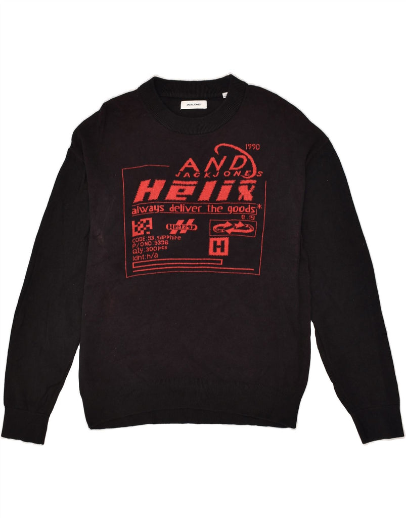 JACK & JONES Mens Graphic Crew Neck Jumper Sweater Medium Black Cotton | Vintage Jack & Jones | Thrift | Second-Hand Jack & Jones | Used Clothing | Messina Hembry 