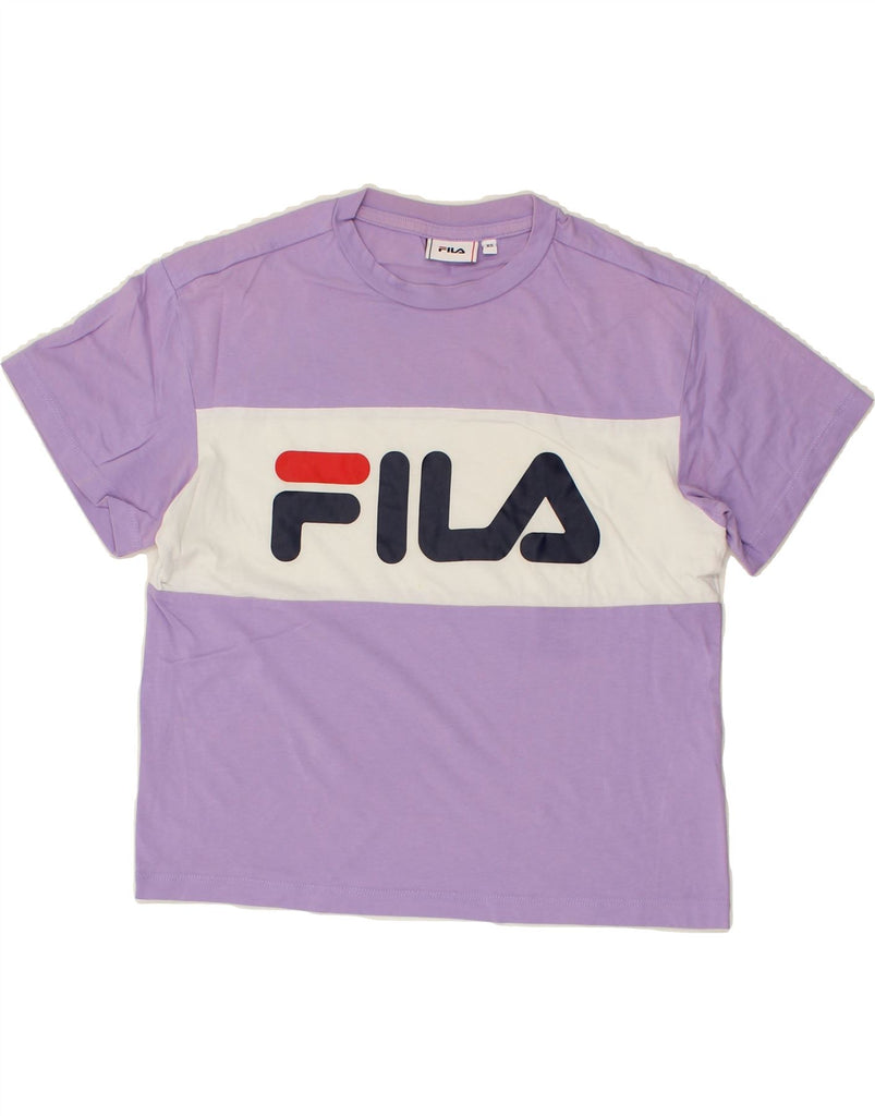 FILA Womens Loose Fit Crop Graphic T-Shirt Top UK 6 XS Purple Colourblock Vintage Fila and Second-Hand Fila from Messina Hembry 