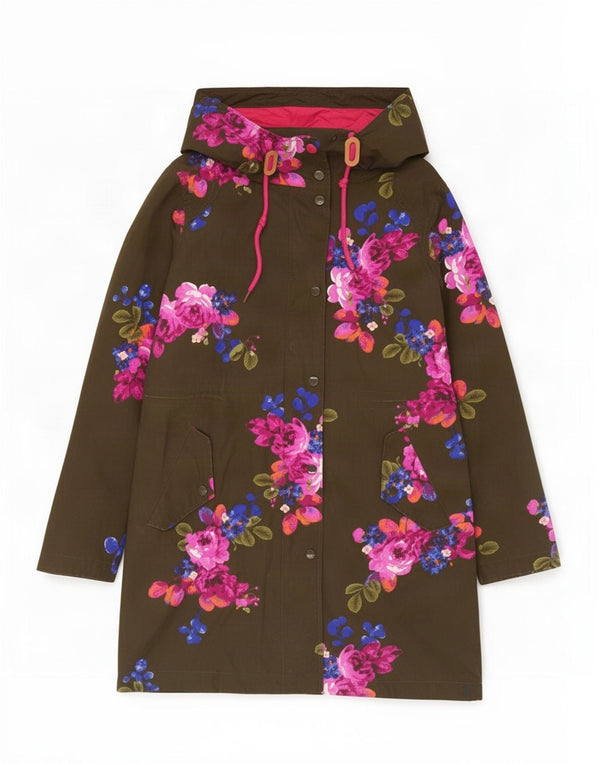 Joules Womens Hooded Raincoat UK 8 Small Khaki Floral Cotton