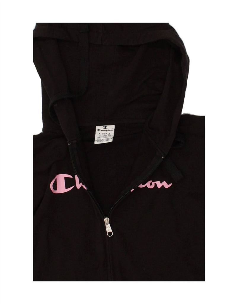 CHAMPION Womens Graphic Zip Hoodie Sweater UK 6 XS Black Cotton | Vintage Champion | Thrift | Second-Hand Champion | Used Clothing | Messina Hembry 