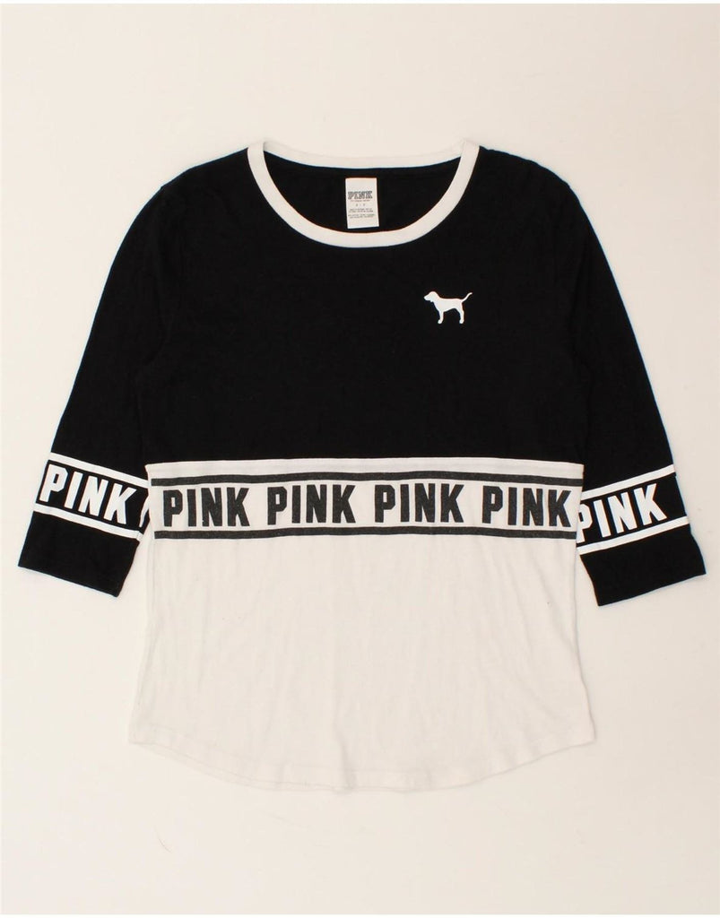 PINK Womens Graphic Top 3/4 Sleeve UK 10 Small Black Colourblock Cotton Vintage Pink and Second-Hand Pink from Messina Hembry 