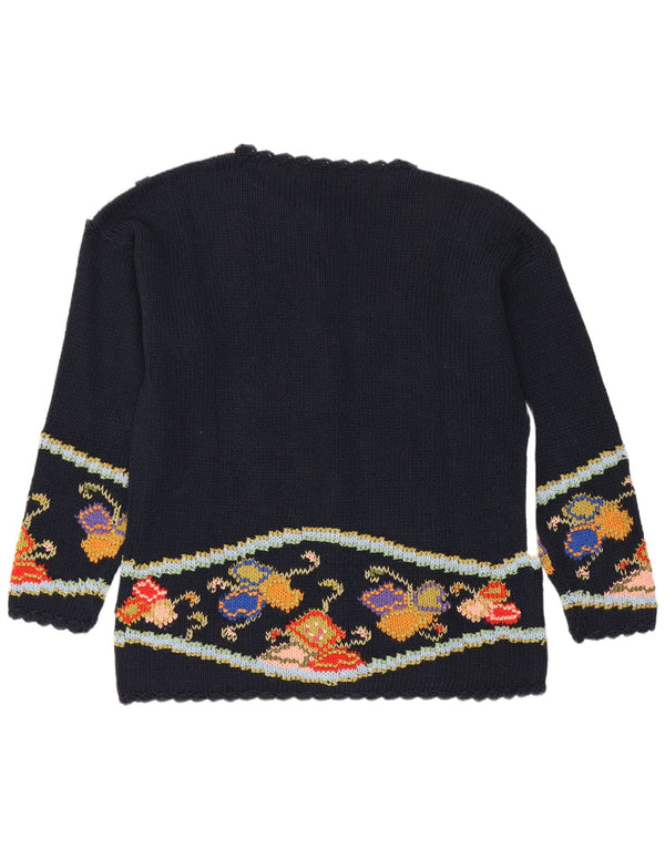 Vintage Womens Cardigan Sweater UK 14 Medium Navy Blue Floral Cotton