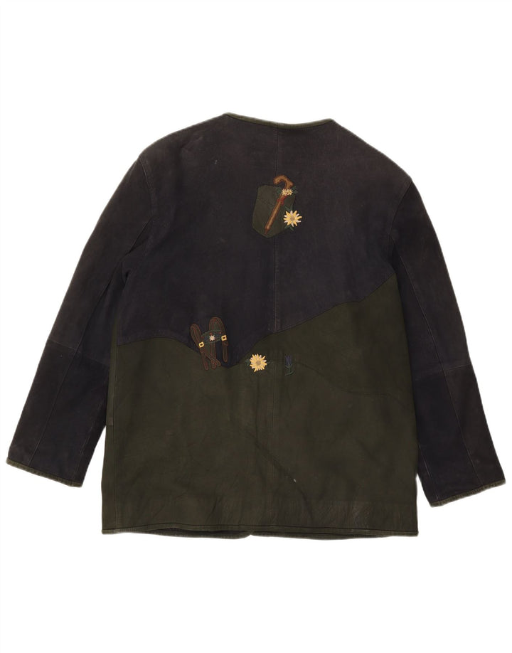 Vintage Womens Graphic Leather Jacket EU 42 Large Green Colourblock Leather