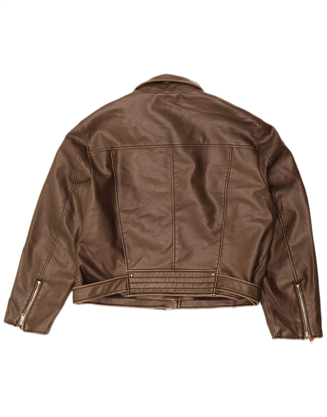 Zara Womens Faux Leather Biker Jacket UK 20 2XL Brown Polyurethane