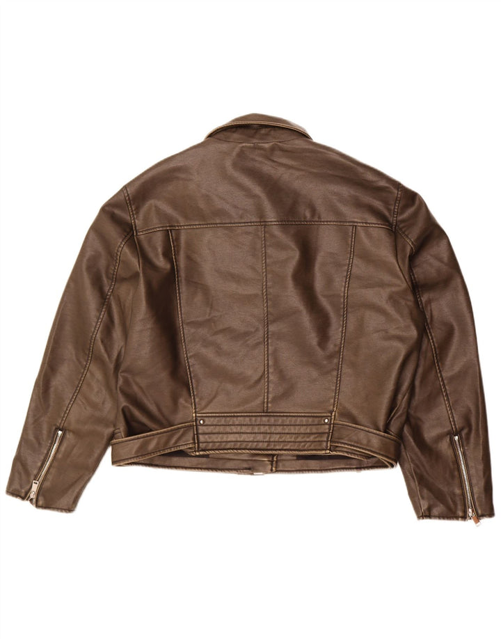 Zara Womens Faux Leather Biker Jacket UK 20 2XL Brown Polyurethane