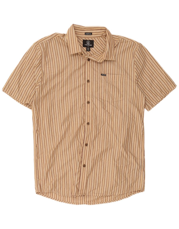 Volcom Mens Short Sleeve Classic Fit Shirt Medium Beige Striped Polyester