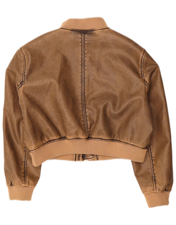 Vintage Womens Crop Faux Leather Bomber Jacket UK 14 Medium Brown