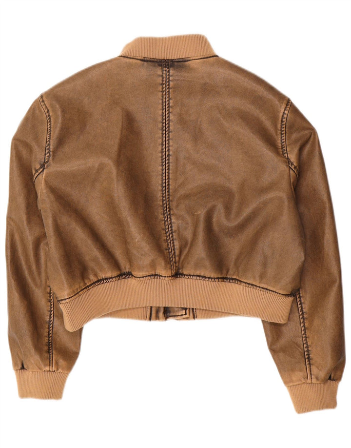 Vintage Womens Crop Faux Leather Bomber Jacket UK 14 Medium Brown