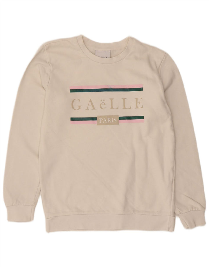 Gaelle Womens Graphic Sweatshirt Jumper UK 14 Medium White Cotton